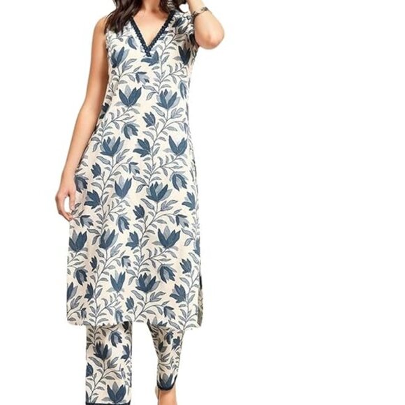 Women's Cotton Printed Straight Kurta With Pant Set - Picture 1 of 10